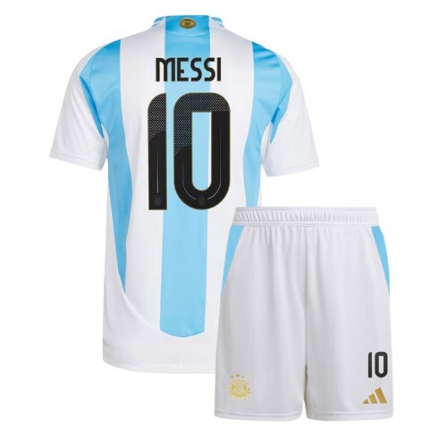 Fotballdrakt Barn Argentina Lionel Messi #10 Hjemmedraktsett Copa America 2024 Kortermet (+ Korte bukser)